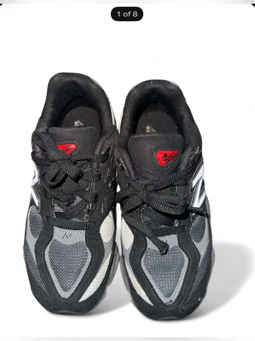 New Balance 9060 KidsGray,Black & White Athletic Sneakers with Red Logo Accents